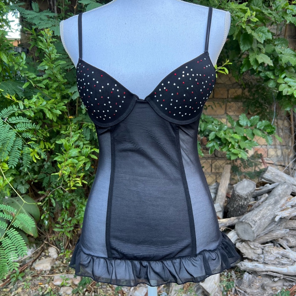 Rampage Black Sheer Babydoll with Rhinestone Accents Small